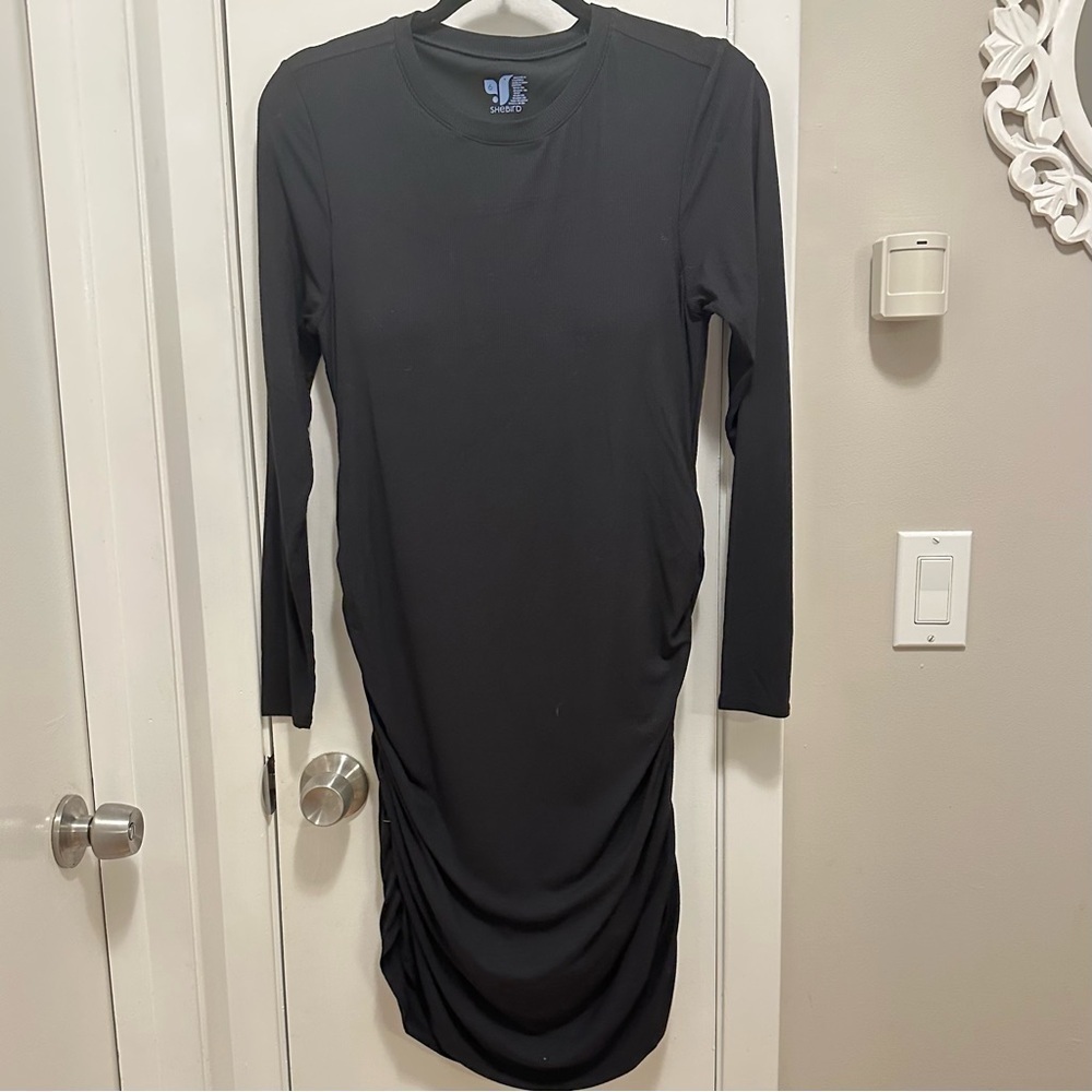 SheBird Dress Ruched Ribbed Built In Bra‎ Performance Fitted Stretch 6 black